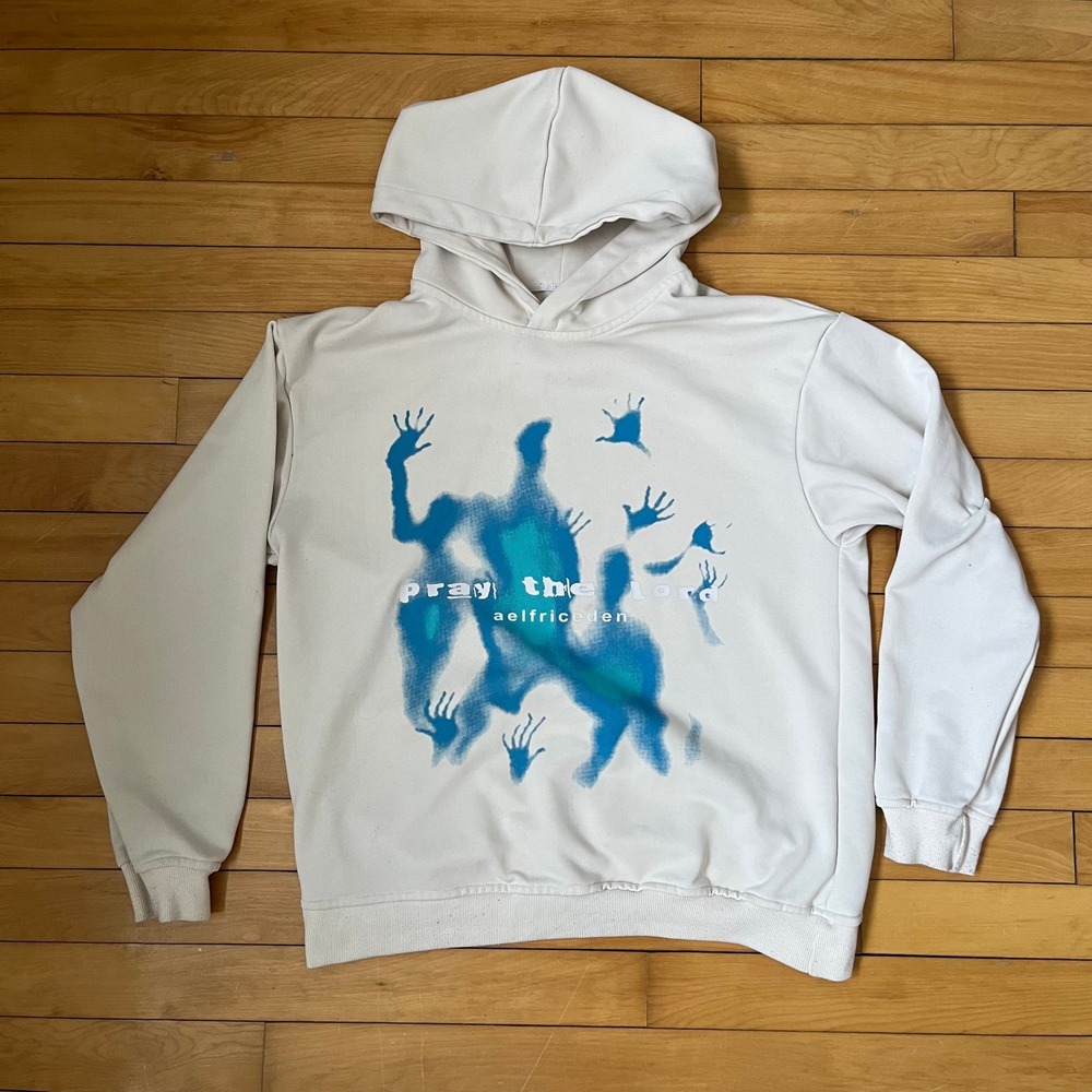 Aelfric Eden Pray the Lord Graphic Hoodie Cream Blue Oversized Streetwear Mens L